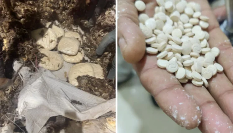 Left, packages of captagon hidden among sheep wool during a smuggling attempt; right, tablets of the drug following their seizure, according to Indian authorities.
