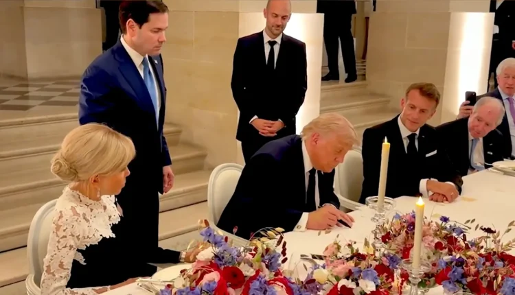 French first lady Brigitte Macron (left), U.S. Secretary of State Marco Rubio, President Trump, and French President Emmanuel Macron during the signing of the memorandum of understanding at the Palace of Versailles, France, on June 17, 2026 – White House