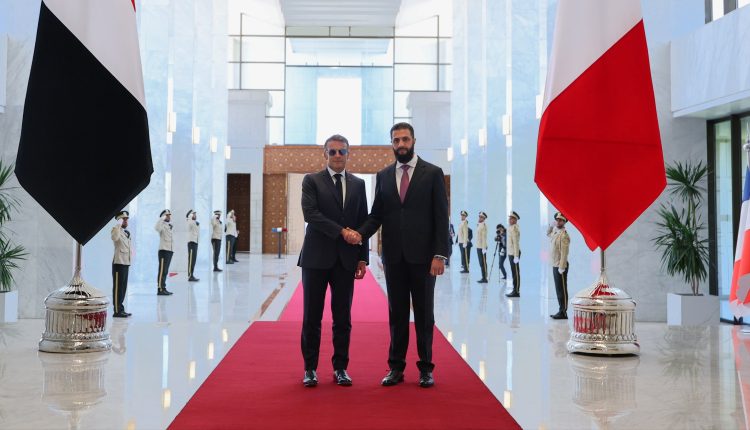 Syrian President Ahmad al-Sharaa receives French President Emmanuel Macron at the People's Palace in Syria's capital Damascus, July 7, 2026.