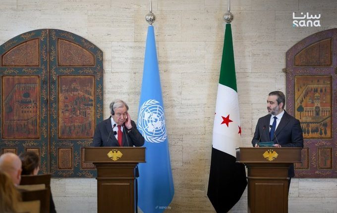 A press conference between UN Secretary-General António Guterres and Syrian Foreign Minister and Expatriates Asaad al-Shaibani in Damascus on July 25, 2026. – SANA