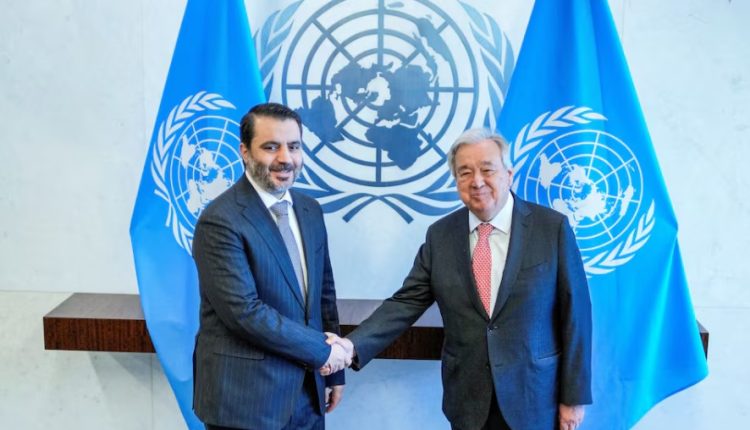 Syrian FM Asaad al-Shaibani shakes hands with UN Secretary-General Antonio Guterres at U.N. Headquarters in New York City, U.S., on April 28, 2025. – Reuters