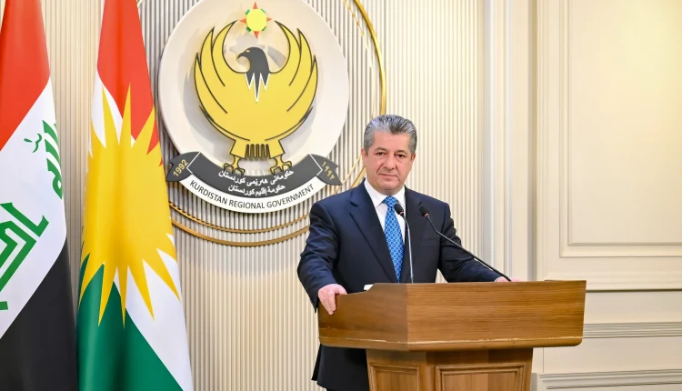 Prime Minister of Kurdistan Region of Iraq, Masrour Barzani delivers a press conference in Erbil on July 27, 2026. - KRG