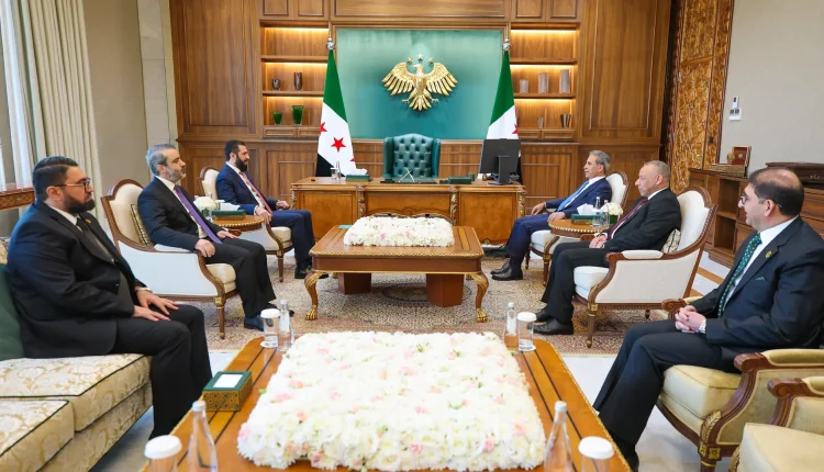 Iraqi delegation led by the president of Supreme Judicial Council, Faiq Zaidan in a meeting with Syrian Transitional President Ahmad al-Sharaa in the People’s Palace in Damascus on Aug. 13, 2026. -Syrian Presidency Office