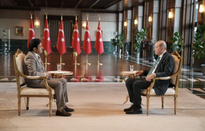 Turkey's President Recep Tayyip Erdogan sits down with Al Jazeera's Ali Al Dafiri for an exclusive interview on Aug. 16, 2026. – Al Jazeera