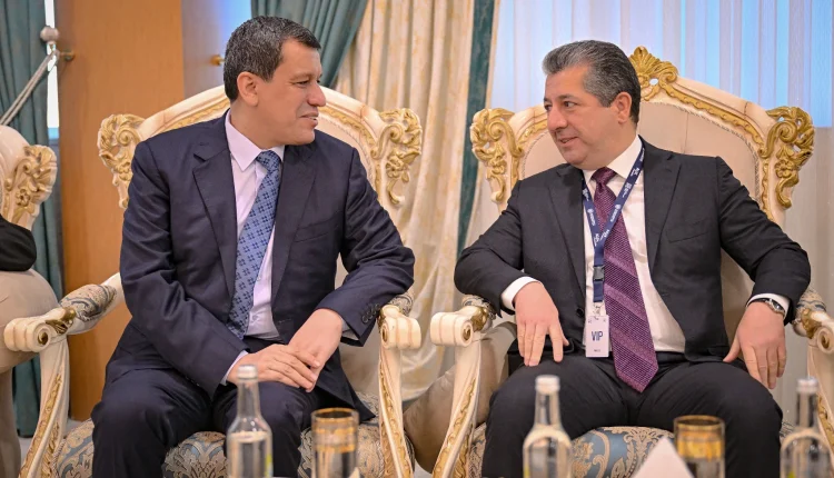 Kurdistan Region Prime Minister Masrour Barzani (right) and SDF Commander in Chief Mazloum Abdi (left) meeting in Duhok on Nov. 19, 2025. - KRG