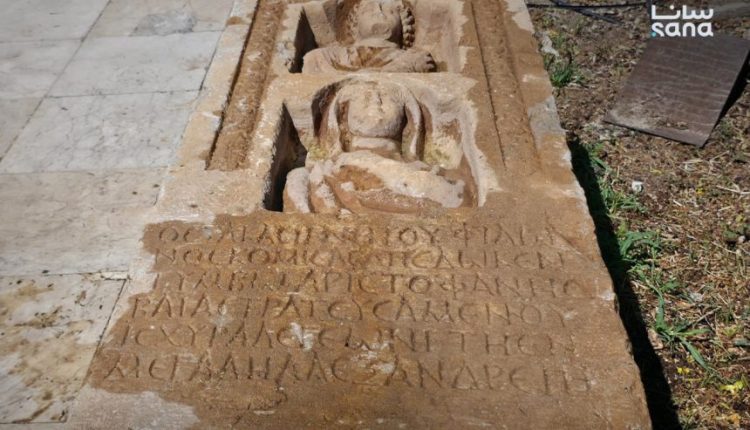 Ancient stone funerary steles carved with relief figures and ancient inscriptions, uncovered in the Bulbul district of Afrin region, northwestern Syria, on Aug. 23, 2026. – Afrin Region