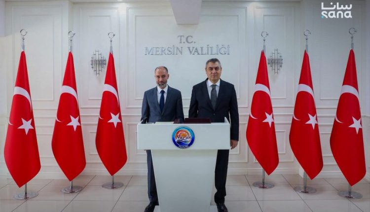 Head of Syria’s General Authority of Ports and Customs, Qutaiba Badawi(Left), meets with Turkey's Mersin Governor Atila Toros(Right), Aug. 14, 2026. - SANA