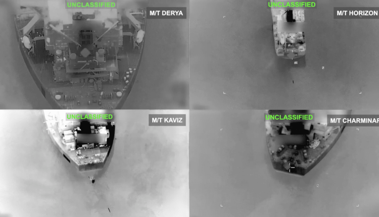 Thermal imagery released by CENTCOM shows four of the five Iranian oil tankers, M/T Derya, M/T Horizon 1, M/T Kaviz and M/T Charminar, struck and destroyed after Iran's IRGC twice targeted a U.S. Navy warship, Sept. 8, 2026. – CENTCOM