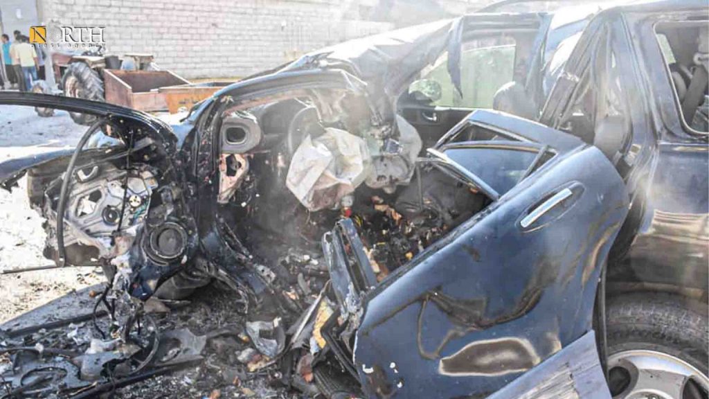 صورة لاستهداف سيارة أبو سياف التونسي و أبو حمزة اليمني القياديين في تنظيم “حراس الدين-نورث برس