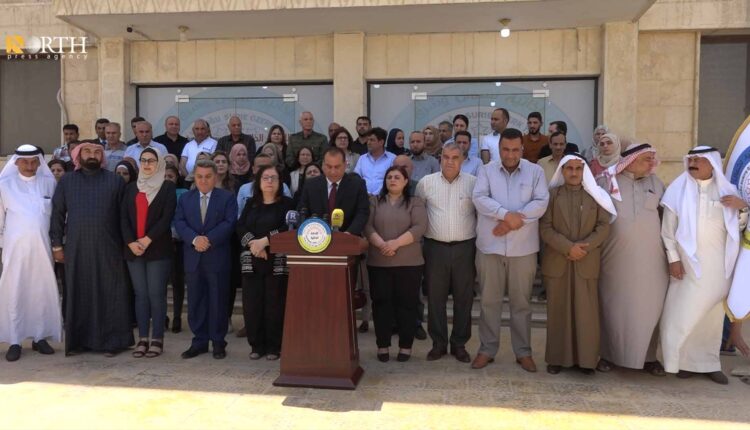 مسؤولون في الإدارة الذاتية خلال بيان ندد باستمرار التهديدات التركية تجاه المنطقة – نورث برس