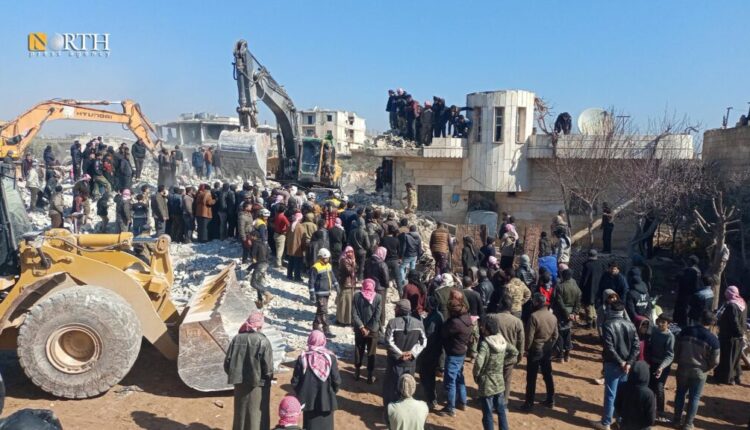استمرار عمليات الإنقاذ في جنديرس بعفرين جراء الزلزال المدمر - نورث برس