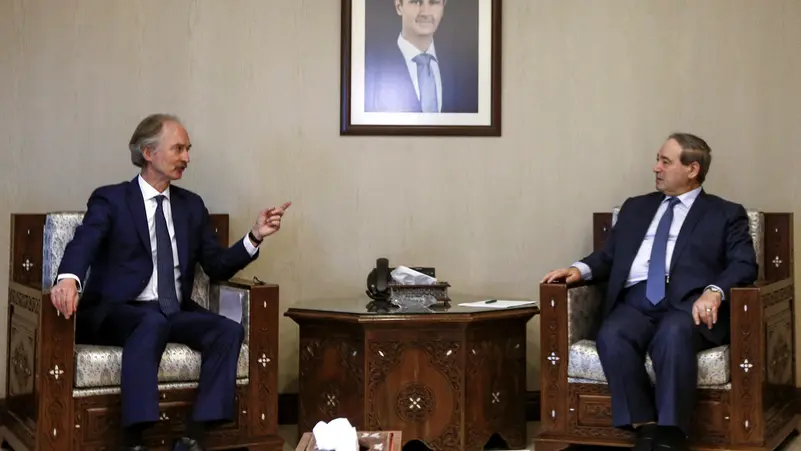 المبعوث الأممي غير بيدرسن في لقاء مع وزير الخارجية السوري فيصل مقداد في دمشق - إنترنت