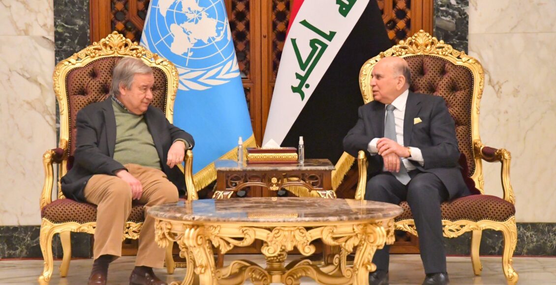 غوتيريش ووزير الخارجية العراقي خلال مؤتمر صحفي في بغداد - إنترنت