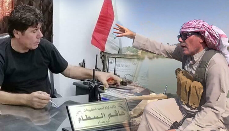 على اليمين هاشم السطام وهو يعبر نهر الفرات لقتال قسد وعلى اليسار نفس الشخص في مكتبه كقائد فصيل موالي لإيران – نورث برس