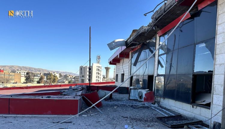 آثار استهداف طائرة مسيرة لمركز الهلال الأحمر الكردي ومشفى القلب بمدينة القامشلي - نورث برس