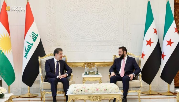 الرئيس أحمد الشرع يستقبل رئيس إقليم كردستان العراق نيجيرفان بارزاني في قصر الشعب بدمشق – نورث برس